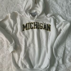 Champion White Michigan Hoodie with Black and Yellow Logo